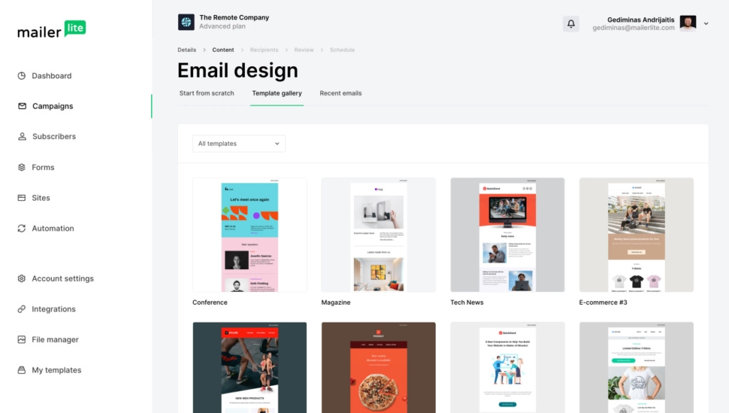 MailerLite vs ActiveCampaign : MailerLite Template Gallery